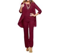 3 pezzi chiffon madre della sposa pantaloni abiti abito ospite abito da sera formale abito da festa di nozze vestito, Borgogna, 44