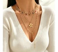 3 pezzi Collana di lusso alla moda con strass colorati, multistrato impilabile, decorazione floreale 3D in oro, catena per il collo a forma di Y, gioiello da donna versatile e popolare, adatto per sho