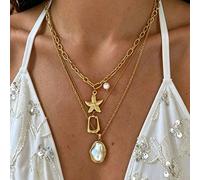 3 pezzi Collana vintage elegante in stile bohémien con perle barocche, stelle marine e pendente geometrico asimmetrico, versatile per uso quotidiano e spiaggia estiva, adatta come regalo per le donne 