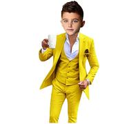 3 pezzi Completo da ragazzo per matrimonio con revers a punta e fiore, abiti da paggetto adatti per cerimonie, vestibilità aderente, abito da sera per ragazzi, abito da festa per ragazzi, Giallo, 4