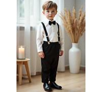 3 pezzi Completo elegante da gentiluomo per ragazzo: Camicia bianca a maniche lunghe con fiocco + Pantaloni con bretelle in vita elastica + Cappello da gentiluomo, Abbigliamento elegante formale, Adat