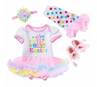 3 Pezzi Completo Neonata La mia Prima Pasqua Elegante Vestito Maniche Corta + Fascia + Calze e Scarpe Set Abiti Principessa Neonato Femmina Abito Cerimonia Compleanno Bimba (0-3 Months)