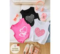 3 pezzi/confezione Canotta casual di base con stampa a cuore per ragazza pre-adolescente, top carino estivo per bambini per le vacanze estive 8Y,9Y,10Y,11Y,12YGeometrico,Cuore,LetterePoliestere