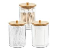 3 Pezzi Contenitori in Acrilico con Coperchio in Bambù, Porta Dischetti, Barattoli per Trucchi, Porta Batuffoli di Cotone, Dispenser Cotone Scatola Portaoggetti per riporre oggetti da bagno