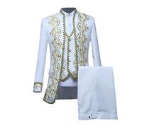 3 Pezzi Costume Vittoriano Uomo Vendita, Giacca Gotica Uomo con Gilet e Pantaloni Sets, Medievale Cappotto di Lusso Metallizzato Paisley Oro Stampato Lucido Cappotti Palazzo Abito Halloween Costume
