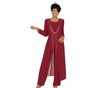 3 pezzi di abito da donna bordeaux con nappe, in chiffon, per la madre della sposa, completo pantalone elegante, ideale per ballo e serata, Borgogna, 48