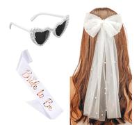3 Pezzi di Accessori per Addio Al Nubilato per Donne,Velo da Sposa Bianco,Occhiali da Sole Cuore con Perla,Sposa di Essere Bride to Be Satin Sash,Accessori Velo Sposa,per Festa Addio Al Nubilato