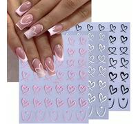 3 pezzi di adesivi per unghie a forma di cuore 3D in bianco, nero e rosa, con design a linea francese a cuore vuoto in stile Y2K, decalcomanie autoadesive per gel polish, decorazioni per unghie PET