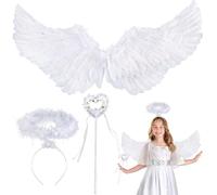 3 pezzi di ali d'angelo, ali d'angelo, bianco, decorazione di ali d'angelo, alone, bacchetta magica, 60 cm, ali d'angelo, costume da festa di carnevale (A)