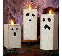 3 Pezzi di Halloween Decorazioni, Candele Halloween, Fantasma in Legno Candele LED, Alimentazione a Batteria, Smorfia, Thriller e Horror, Possono Essere Utilizzati in Soggiorno, Tavolo Da Pranzo