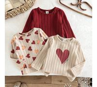 3 pezzi di magliette a maniche lunghe con collo rotondo, in maglia, con stampa a motivo d'amore alla moda e semplice, a righe, adatte per bambine, per la primavera, l'autunno e l'inverno, per San Vale