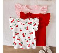 3 pezzi di magliette per ragazze, con design freschi e dolci, tra cui stampa di ciliegie, rosso tinta unita e rosa chiaro, adatti per diverse occasioni. Collo rotondo comodo per il collo del bambino, 