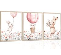 3 Pezzi di Quadri da Parete Senza Cornice per Cameretta dei Bambini con Conigli e Fiori Selvatici Rosa, Carini Stampe su Tela di Conigli, Poster per Cameretta da Ragazza, Palloncino a Gas Caldo per