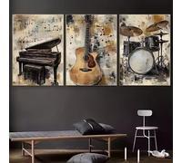 3 pezzi di stampe su tela minimaliste in stile boho con musica, batteria, microfono e chitarra ad acquerello vintage, poster musicali per la decorazione del soggiorno (30x45 cm x 3/senza cornice)