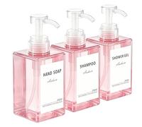 3 Pezzi Dispenser Sapone, Dispenser Sapone Bagno 450 ml con Etichetta per Bagno Doccia Cucina Shampoo e Bagnoschiuma - Rosa trasparente