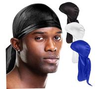 3 pezzi durags per uomini donne, morbido durag in poliestere comodo con cappuccio ad onda di moda a coda lunga per feste, cucina, uscite casuali e casual, blu reale + bianco + nero