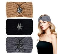 3 Pezzi Fasce per Capelli Invernale Chunky Paillettes Fiore di Perle Fasce per capelli Lavorate a Maglia Elastica Scalda Orecchie Avvolgere Testa Twist Hair Band per Sport all'Aria Aperta Sci Stile A