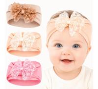 3 Pezzi Fascia Capelli Neonata Elastica, Fasce per Capelli in Nylon con Fiocco in Pizzo, Copricapo Morbide e Graziose, Ideali per Regalo Nascita Bimba(Rosa Carne, Rosa, Beige Chiaro)