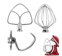 3 pezzi Flex Edge Beater, compatibile con KitchenAid K45WW, accessorio per frullatore a testa inclinata in acciaio inox, frusta a filo, gancio per impastare, racchetta piatta, accessorio per paletta