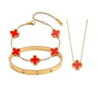 3 Pezzi Gioielli a Quadrifoglio, Placcati Oro 18 Carati Bracciale e Collana Trifoglio Portafortuna, Collana con Pendente in Smalto, Parure di Gioielli Ipoallergenici per Donne e Ragazze (Rosso)