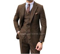 3 pezzi grigio/marrone da uomo in tweed a spina di pesce abito da sposa smoking da ballo con risvolto a punta tweed per affari slim fit (giacca + gilet + pantaloni)