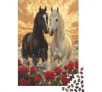 3 Pezzi Horse Couple Set Di Biancheria Da Letto Con Stampa 3D in Microfibra Con Chiusura A Strappo Horses in Red Flowers Per Tutte Le Stagioni Per Bambini,Ragazzi E Ragaz 52x38cm/1000pcs