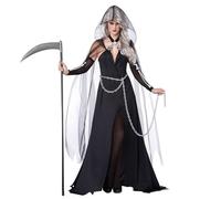 3 pezzi i costumi di Halloween da donna includono mantello nero trasparente con cappuccio, abito nero e catena di una taglia di un mantello da morte di una dimensione costumi di Halloween per la fest