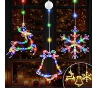 3 pezzi LED Natale decorazione finestra con ventosa - renna, fiocco di neve e campana da appendere, funzionamento a batteria con 8 modalità e timer, illuminazione natalizia finestra interna per porta