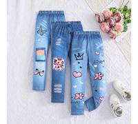 3 pezzi Leggings casual e carini per giovani ragazze con stampe di graffiti, leopardo, farfalla, gatto, effetto jeans 6Y,7Y,4Y,5YFumetto,Geometrico,LetterePoliestere