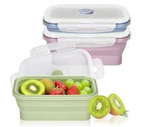 3 Pezzi Lunchbox Pieghabile, 550ML Contenitori Pieghabili con Coperchio, Bento Box Portapranzo, Set Contenitori per Alimenti in Silicone, Adatti per Microonde e Congelatore (Verde, Rosa, Blu)