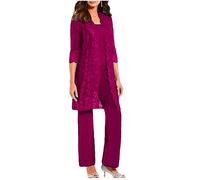 3 pezzi madre della sposa pantaloni vestito per matrimonio giacca lunga pizzo chiffon abiti da donna per ballo di fine anno sera, Fucsia, 52