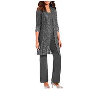 3 pezzi madre della sposa pantaloni vestito per matrimonio giacca lunga pizzo chiffon abiti da donna per ballo di fine anno sera, Grigio, 44