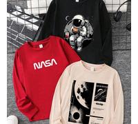 3 pezzi Maglie a maniche lunghe casual e alla moda per ragazzi adolescenti, stili autunnali e invernali, con stampe di astronauta, eclissi lunare, stelle e slogan, confortevoli per l'autunno/inverno 1