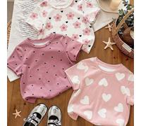 3 pezzi maglietta casual comode e versatili per ragazze giovani, stile fresco e semplice, personalizzate, dolci e carine, con stampa all-over floreale, cuori e pois, maniche corte e scollo rotondo, to