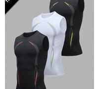 3 pezzi Maglietta da allenamento ad asciugatura rapida, canotta, maglietta base per uomo, traspirante, assorbente dell'umidità, compressione elastica estiva L,M,S,XLBlocchi di colore,Lettere,Colore un