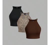 3 pezzi Maglietta senza maniche con stampa leopardata per donna, adatta per l'estate e il ritorno a scuola L,M,S,XL,XS,XXL,XXS,XXXL,XXXXLColore unicoTessuto in maglia