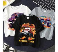 3 pezzi Magliette a maniche corte con grafica di auto cool in nero, bianco e grigio per ragazzi, adatte per sport estivi, uscite, feste, scuola - Monster Track, Best Track 6Y,7Y,4Y,5YAuto,Fumetto,Lett