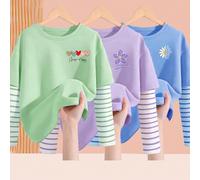 3 pezzi Magliette a maniche lunghe carine per ragazze giovani, magliette da bambina eleganti, top a contrasto a righe 2 in 1, canotte primaverili/estive per ragazze 6Y,7Y,8Y,9Y,10Y,4Y,5YGeometrico,Let