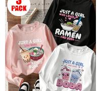 3 pezzi Magliette a maniche lunghe con stampe per ragazze pre-adolescenti, adatte per strati autunnali/invernali, abbigliamento per studenti giovani per indossare sopra o sotto 6Y,7Y,8Y,9Y,10Y,14Y,11Y