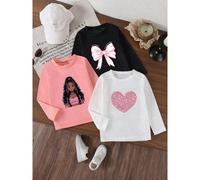 3 pezzi Magliette a maniche lunghe per ragazze giovani con stampe carine di cuori e fiocchi, grafiche casual, collo rotondo 6Y,7Y,4Y,5YRitratto,Geometrico,Cuore,LettereTessuto