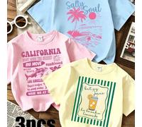 3 pezzi Magliette casual e creative per ragazze pre-adolescenti, con stampe di onde, palme, tramonti, balene, aranciata, righe verticali, slogan della California, magliette a maniche corte di base con