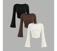 3 pezzi Magliette corte con maniche a sbuffo, versatili e pratiche, adatte per ragazze pre-adolescenti per uso casual, ritorno a scuola, raduni, feste, matrimoni, aperture, uso quotidiano, scuola, via