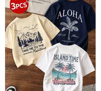 3 pezzi Magliette da donna stile vacanza, con grafiche, vestibilità morbida, maniche corte, scollo tondo, leggere e traspiranti, stampate con "ALOHA", "ISLAND TIME", "TAKE ME TO THE MOUNTAINS" ecc., m