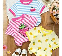 3 pezzi Magliette estive casual e minimaliste da ragazza con stampa 3D a righe e frutti come ciliegie, fragole e limoni, adatte per le vacanze estive, nuova moda estate SS26 6Y,7Y,4Y,5YA strisce,Frutt