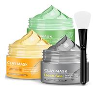 3 Pezzi Maschera viso all'argilla, Maschera Viso Curcuma, Maschera Tè Verde, Maschera Fango Mar Morto per Pulizia e Restringimento dei Pori, Rimozione Punti Neri, Idratante, Esfoliante, 300g