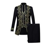 3 Pezzi Medievale Uomo Ricamo, Cappotto Rinascimento Uomo Manica Lunga Taglio Aderente Vittoriano Vintage Gilet E Pantaloni Costume Chic Gotico Corte Uniforme per Halloween Carnevale, Nero , L