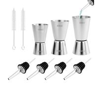 3 Pezzi Misurino Doppio per Cocktail in Acciaio Inox, 15/30 ml 20/40 ml 25/50 ml con 4 Tappo Versatore e 2 Spazzola di Pulizia per Bar, Vino, Bevande Barista