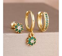 3 pezzi Orecchini a fiore con cristalli verdi e granuli, set elegante per donne e ragazze, placcato oro 18K in acciaio inossidabile, orecchini a cerchio, regalo romantico per matrimonio Acciaio inossi