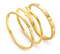 3 Pezzi Oro Bracciale Donna Acciaio, Bracciale Amicizia Donna Bracciali Rigido 18K Oro, 17CM Quadrifoglio Bracciali Tennis con Zirconio, Braccialetti Donne Regalo Amica Regali Mamma Festa della Mamma