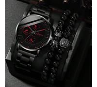 3 pezzi Orologio al quarzo con cinturino in acciaio alla moda e versatile per uomo, abbinato a un braccialetto con perline a forma di corona di leone, adatto per affari, feste e uso quotidiano, il mig